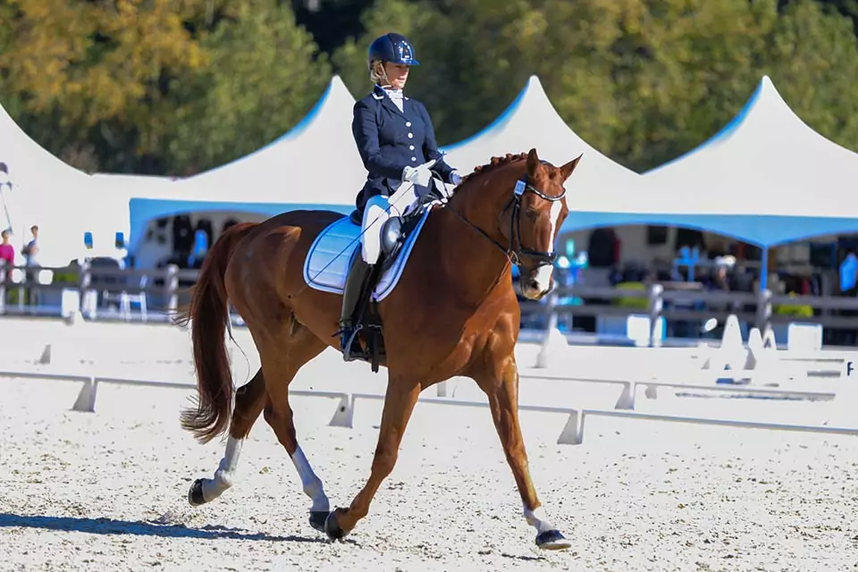 Nicola Smith riding in competition — founder of Dressage Rider Training